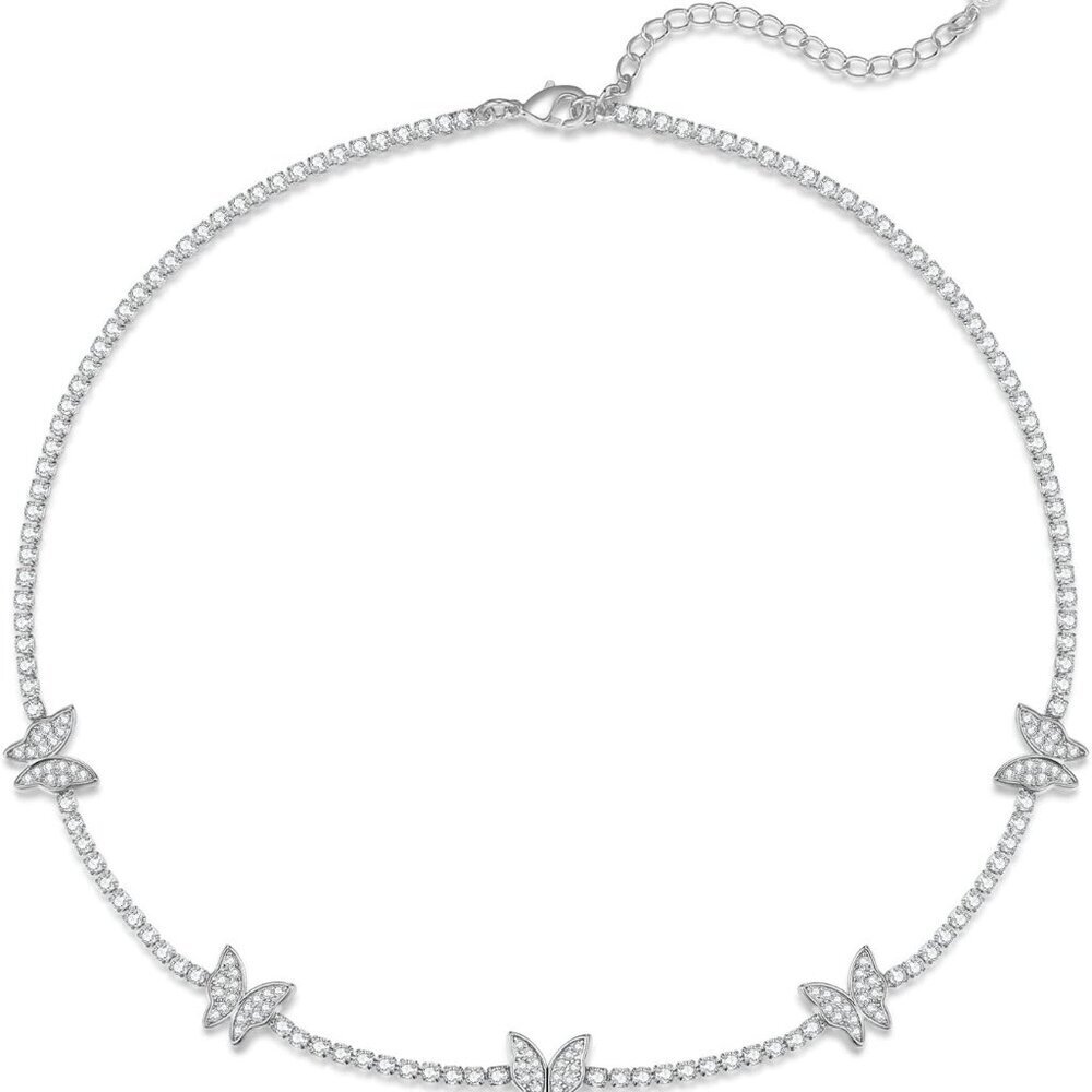 Tennis Necklace 14K Gold Plated Rhinestone Butterfly Choker Necklaces for women